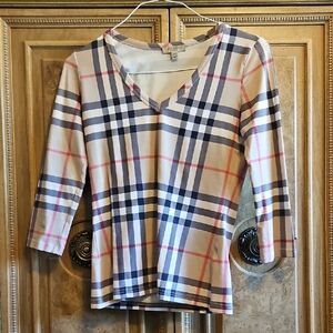 Burberry Plaid V-Neck Long Sleeve Top - Cream, Black, Pink